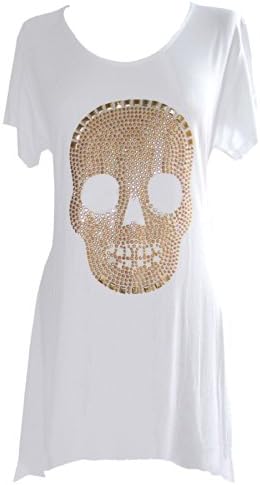 Size 18 White Gold Stud Gothic Skull Long Short Sleeve Fishtail T Shirt Top