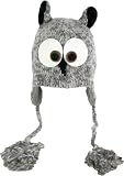 DeLux Owl Face Grey Wool Pilot Animal Cap/Hat with Ear Flaps and Poms