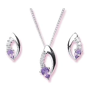 Chic Silver Amethyst/Cubic Zirconia Fancy Pendant and Earring Set with 46cm Chain