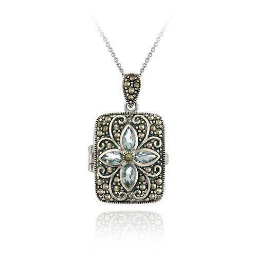 Sterling Silver Genuine Marcasite and Genuine Blue Topaz Flower Locket