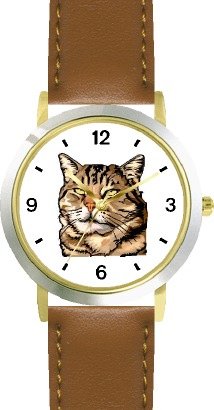 Brown or Tan Tabby Cat - WATCHBUDDY® DELUXE TWO-TONE THEME WATCH - Arabic Numbers - Brown Leather Strap-Size-Large ( Men's Size or Jumbo Women's Size )