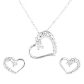 Sterling Silver With Cubic Zirconia Heart Necklace & Heart Earring Set - Silver/White ( 18" )