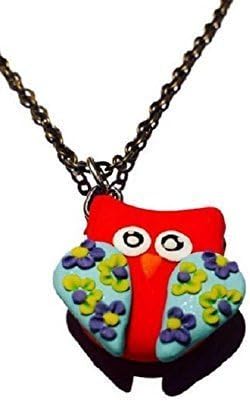Red and Blue Owl Charm Necklace, Handmade Polymer Clay Owl Pendant with Floral Designs, Kawaii Owl Woodland Animal Jewelry, Gift Idea for Kids