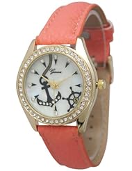 Womens Geneva Rhinestone-accented Anchor Leather Watch - Coral
