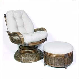 Legacy Rattan Swivel Rocker and Ottoman Set in Antique Finish Fabric: Palm Grove