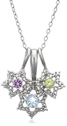 Platinum Overlay Sterling Silver Amethyst, Blue Topaz, Peridot and Diamond Accent Pendant, 18"