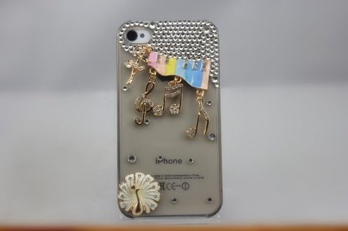 Green Fashion(TM) Handmade Luxury Bling Crystals Rhinestones 3d musical note peacock Transparent Black Case Cover for Iphone 4 & 4s