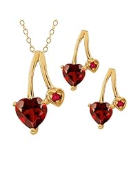 2.02 Ct Heart Shape Red Garnet Gold Plated Silver Pendant Earrings Set
