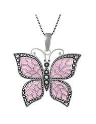Sterling Silver Butterfly Necklace Pendant with Pink Translucent Enamel Wings with Box Chain