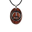 Stainless Steel Natural Redwood Peace Sign Oval Pendant w. Rubber Cord Necklace