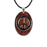 Stainless Steel Natural Redwood Peace Sign Oval Pendant w. Rubber Cord Necklace