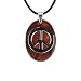 Stainless Steel Natural Redwood Peace Sign Oval Pendant w. Rubber Cord Necklace