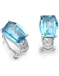 18k White Gold Barrel Cut Blue Topaz and Diamond Earrings