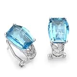 18k White Gold Barrel Cut Blue Topaz and Diamond Earrings