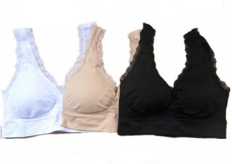 Lace Trim Genie Bras Pack of 3. Size 2X / XXL. Black, White, and Nude. Removable Pads.