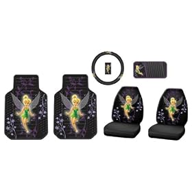 6pc Tinker Bell Mystical Front Floor Mats, Front Bucket Seat Covers, Universal Steering Wheel Cover and Cd Visor