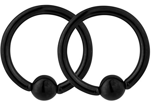 Pair of 2 Rings: 14g 3/8 Inch Surgical Steel Black Titanium IP Plated Captive Bead Hoop Rings