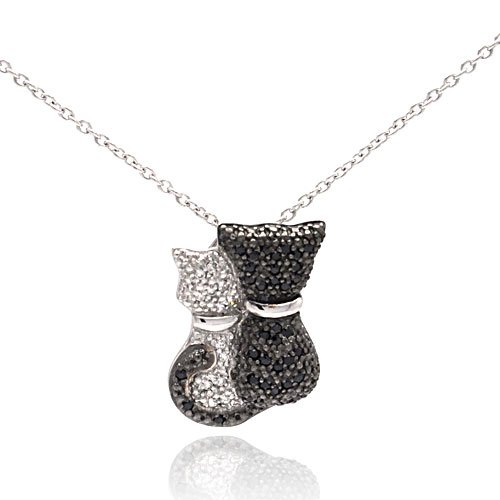 Black & White CZ Cats Hugging Sterling Silver Pendant