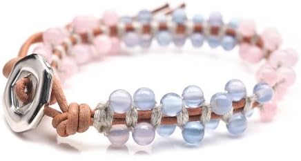 the grace eboutique Wrap Bracelet Colorful Rose Quartz & Enhanced Aquamarine Beads on Leather Strip
