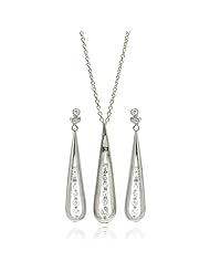 Nickel Free Sterling Silver Necklace & Earring Sets Hanging Cubic Zirconia Set Pendant 9Mm X 39Mm Earring 8Mm X 44Mm Chain Adjustable 16"-18"
