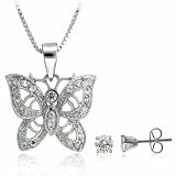 Sterling Silver Simulated Diamond cz Filigree Butterfly and Stud Earrings Set