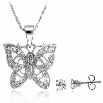 Childrens Toyshop  Jewelry : Sterling Silver Simulated Diamond cz Filigree Butterfly and Stud Earrings Set