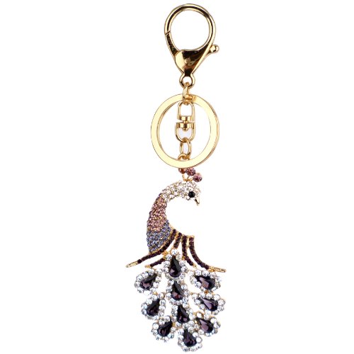 Purple Peacock Bling Crystals Rhinestone Handbag Purse Charm Key Chain Keyring Holder