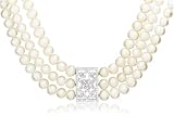 Sterling Silver Triple-Strand Freshwater Cultured Pearl Necklace w/ Filigree Cubic Zirconia Center, 15.25