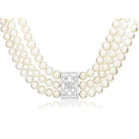 Sterling Silver Triple-Strand Freshwater Cultured Pearl Necklace w/ Filigree Cubic Zirconia Center, 15.25"