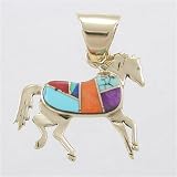 14 kt. Gold, Turquoise and Spiny Oyster Inlaid Horse Pendant by Calvin Begay, #8960 by Calvin Begay Jewelry