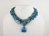 Image of Turquoise Blue Multistrand Beaded Collar Necklace with Baked Glass Pendant