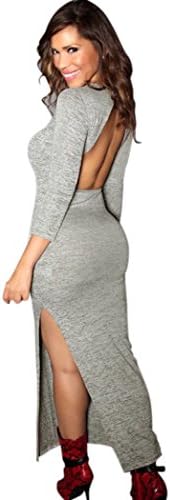 Mxtoppy Women Sexy Bodycon Maxi Dress Clubwear Party Back Cut Out Slit Grey