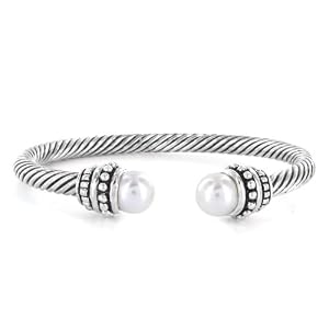Silvertone Cuff Cable Bracelet with Created Pearl Ends