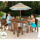 Table & Stacking Chairs & Striped Umbrella