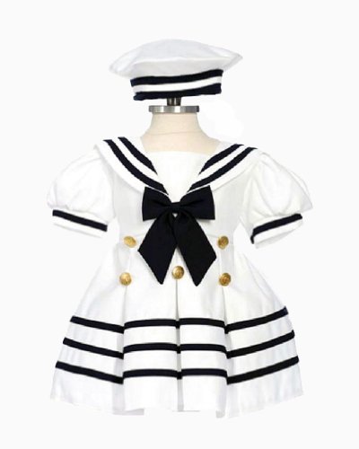 Classykidzshop White Girl Sailor Dress with Navy Blue Strip