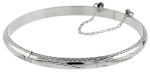 Sterling Silver Floral Engraved Thin Bangle, over 3/16 (5mm) Thin