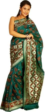 New Womens Fashion : Exotic India Storm-Green Banarasi Sari with All-Over Woven Leaves and Brocaded Anchal - Green Reviews