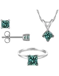 1 CT Princess Cut Blue Diamond Set 14K White Gold - Ring, Pendant & Earrings