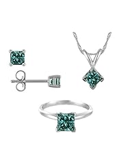 1 CT Princess Cut Blue Diamond Set 14K White Gold - Ring, Pendant & Earrings
