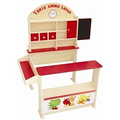 Roba 92802 - Verkaufsstand mit Verkaufsregal, Frontablage und Tafel, 3 Holzschubladen, Schichtholz natur und MDF, farbig lackiert, H: 113 cm, B: 103 cm T: 75 cm,1 Schiebet�re, seitliche Theke und Uhr