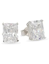 Platinum Plated Sterling Silver Emerald-Cut Cubic Zirconia Stud Earrings