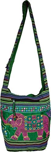 Green Indian Thai Combination Style with Elephant Pattern Made in India Asian Hippie Boho Hand Made Cotton Fabric Woven Lanna Sling Shoulder Tote Cross Body Bag From Chiang Mai Thailand