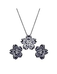 Nickel Free Sterling Silver Pendant & Earring Sets Black Rhodium And White Enamel CZ Flower Set