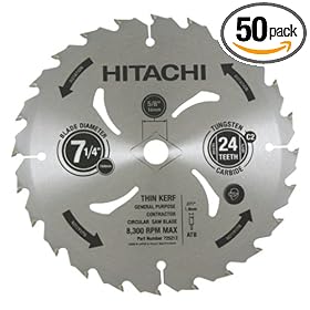 Hitachi 725212B50 7-1/4-Inch 24 Tooth ATB Ripping and Framing Saw Blade with 5/8-Inch and Diamond Knockout Arbor, 50 Pack