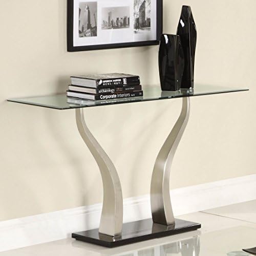 Atkins Console Table - Table Top is Constructed of Beveled Glass - Hand Brushed Chrome Legs - Contemporary Style - With Rectangular Black Base - Perfect for Any Home Decor