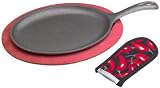 Lodge Cast Iron Fajita Set with Wooden Underliner, Chili Pepper Red