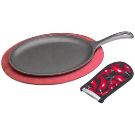 Lodge Cast Iron Fajita Set with Wooden Underliner, Chili Pepper Red by Lodge