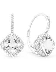 Natural 3.7ct Cushion-Cut White Topaz Gemstone & Diamond Earring Set In 14K White-Gold Lever-Back