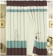 Pair of Aqua Blue Embroidery Windows Curtain / Drapes / Panels with Valance and Attached Sheer Lining.