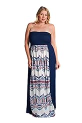 Plus Size Strapless Rayon/Spandex Chevron Print Shirred Maxi Dress 